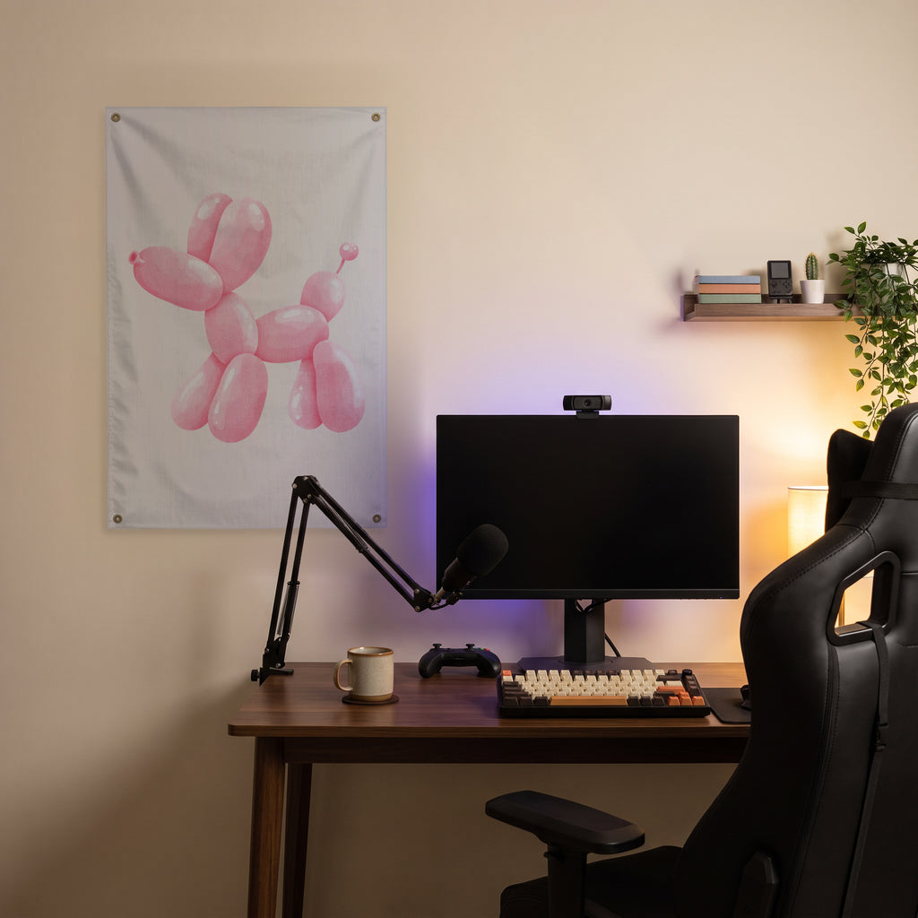 Pink Balloon Dog Wall Flag in the streaming nook room mockup.