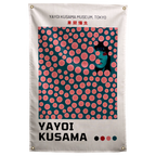 Pink dots cover a dark portrait panel above bold printed artist-name lettering on this cream Wall Rebel fabric wall flag.