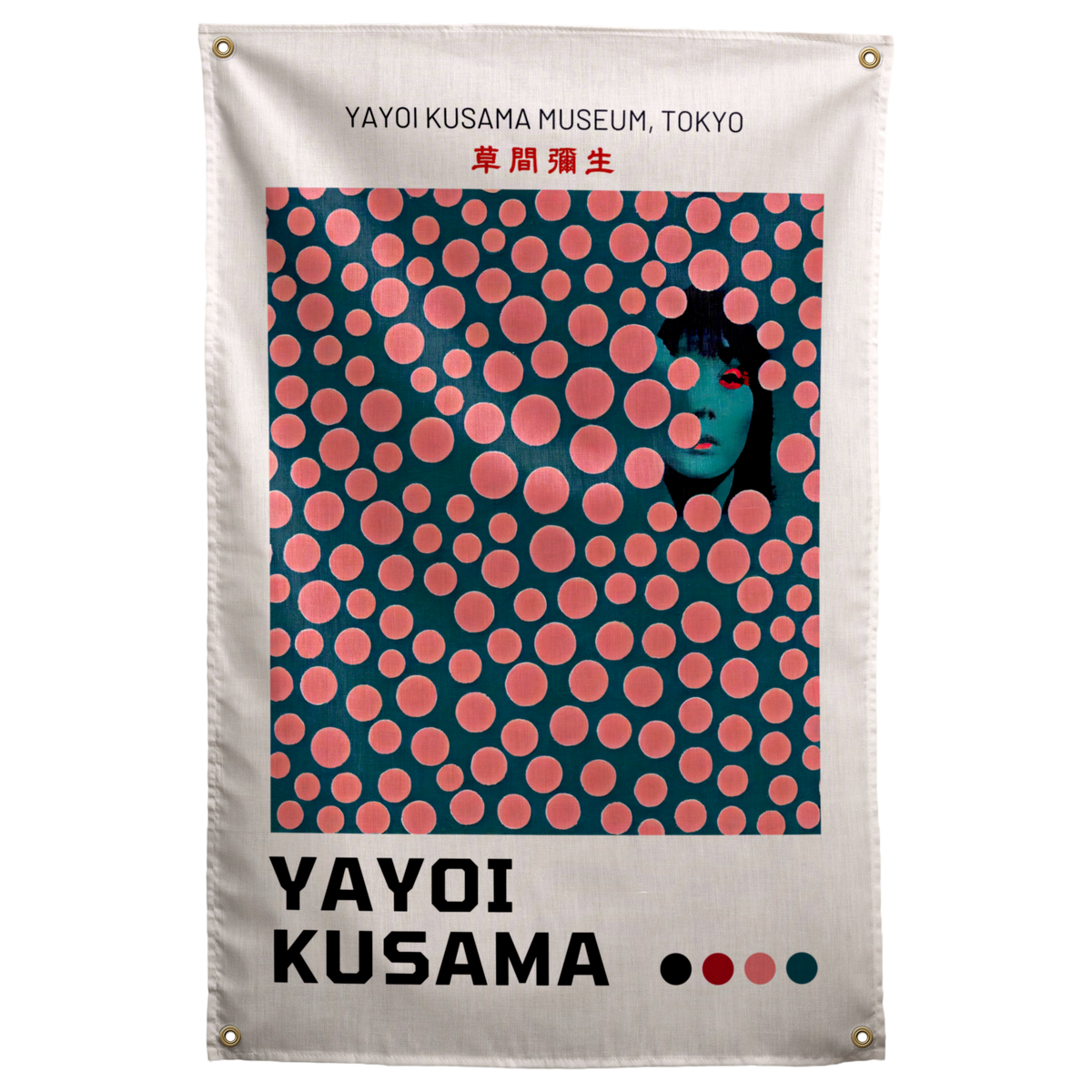 Pink dots cover a dark portrait panel above bold printed artist-name lettering on this cream Wall Rebel fabric wall flag.