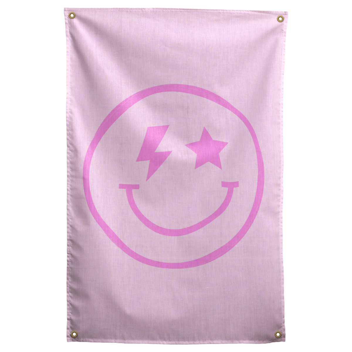 A pink smiley with a lightning-bolt eye and a star eye sits on pale pink in this playful Wall Rebel fabric wall flag.