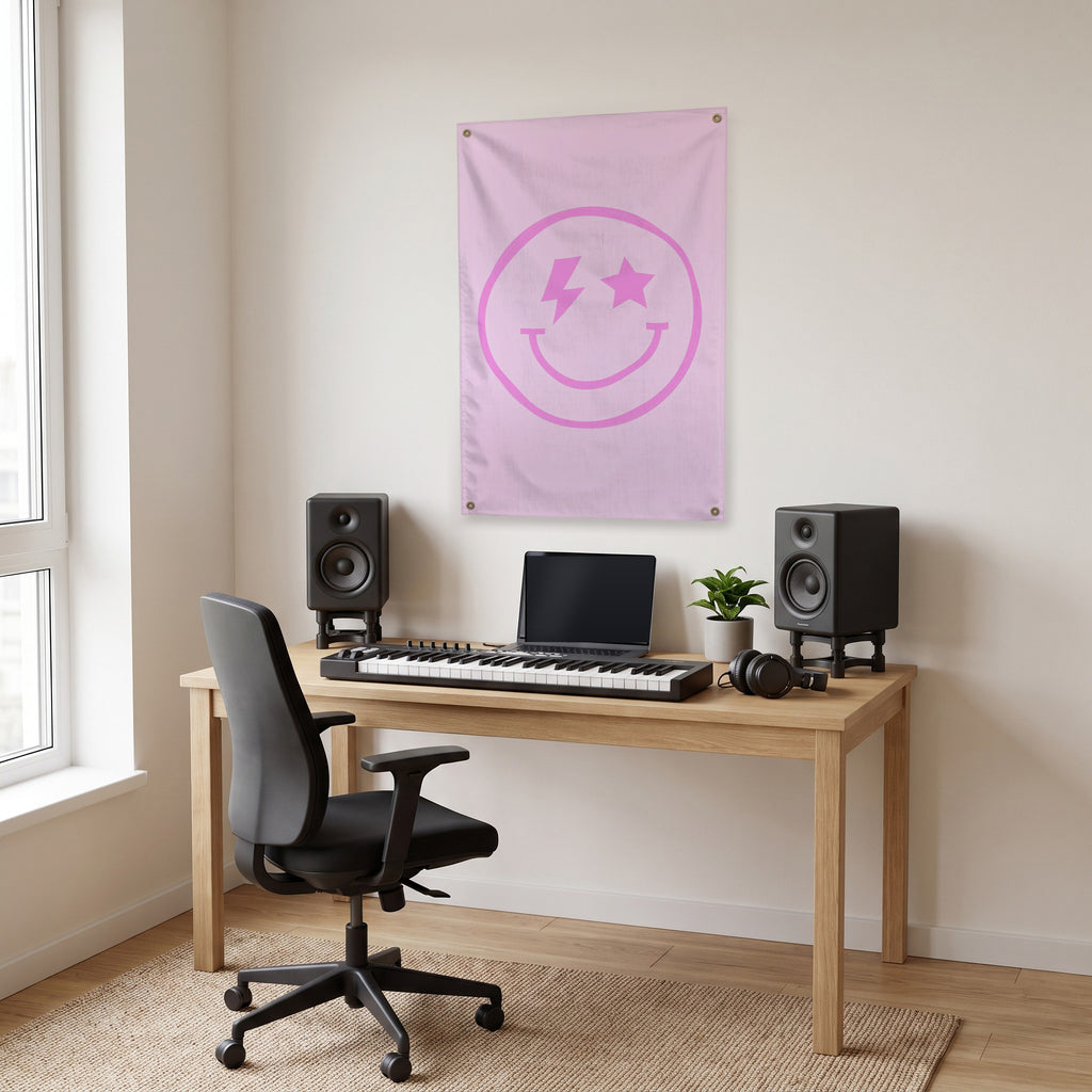 Pink Lightning-Star Smiley Wall Flag in the studio room mockup.