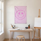 Pink Lightning-Star Smiley Wall Flag in the art corner room mockup.