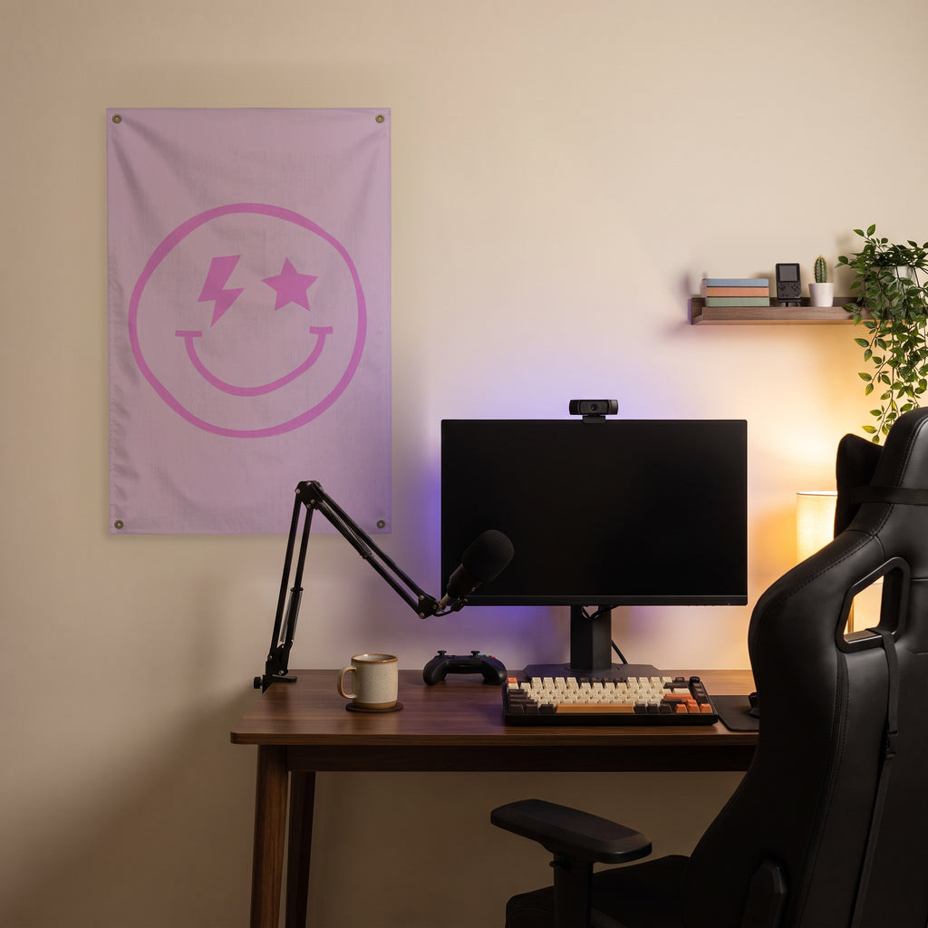 Pink Lightning-Star Smiley Wall Flag in the streaming nook room mockup.