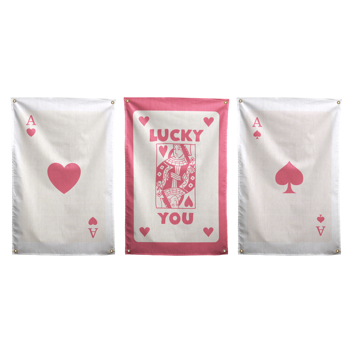 Pink set of three Wall Rebel wall flags: Ace of Hearts, Lucky You in the centre, and Ace of Spades.