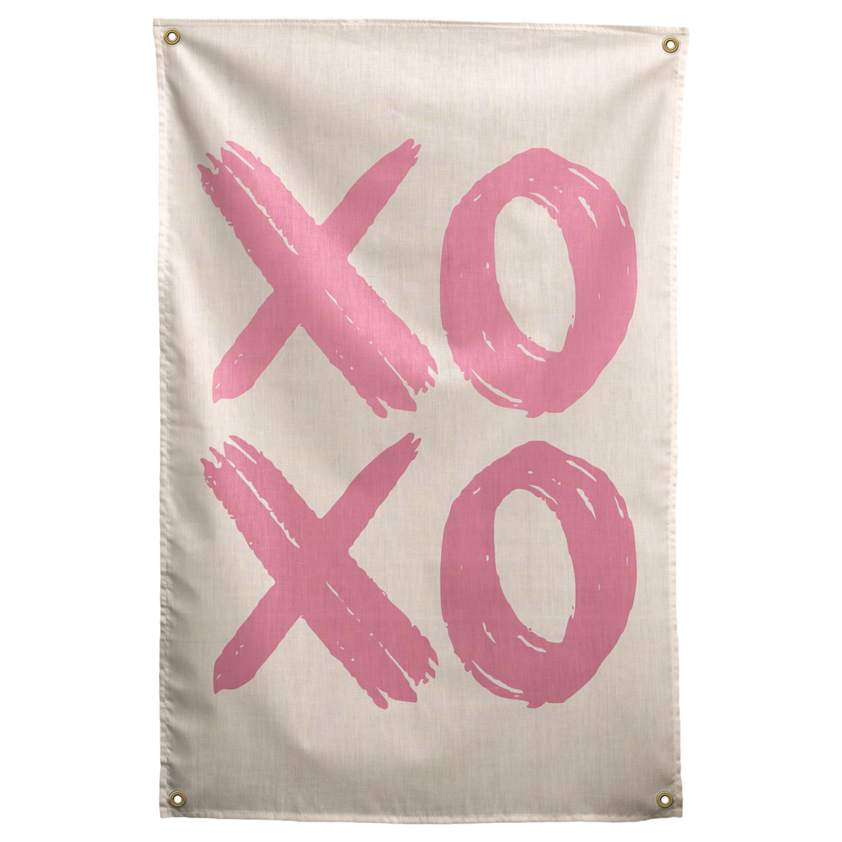 Broad pink brush marks spell XOXO across a pale cream background in this loose, playful Wall Rebel fabric wall flag.
