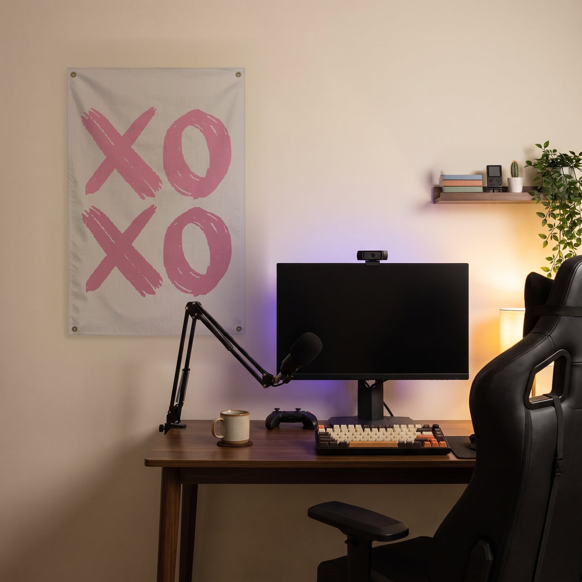 Pink XOXO Wall Flag in the streaming nook room mockup.