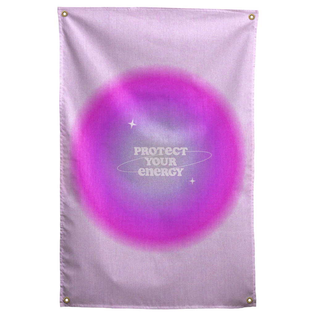 Cream Protect Your Energy words sit within a pink and purple glow and tiny stars on this Wall Rebel fabric wall flag.