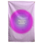 Cream Protect Your Energy words sit within a pink and purple glow and tiny stars on this Wall Rebel fabric wall flag.