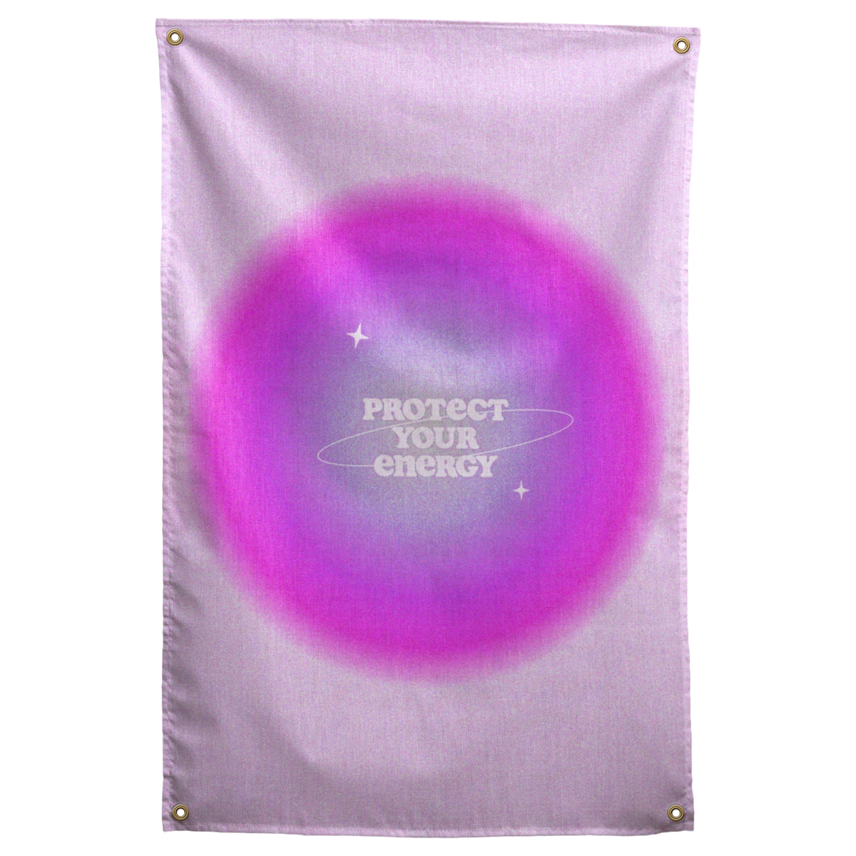 Cream Protect Your Energy words sit within a pink and purple glow and tiny stars on this Wall Rebel fabric wall flag.