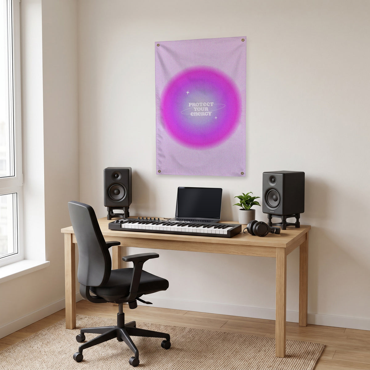 Protect Your Energy Glow Wall Flag in the studio room mockup.