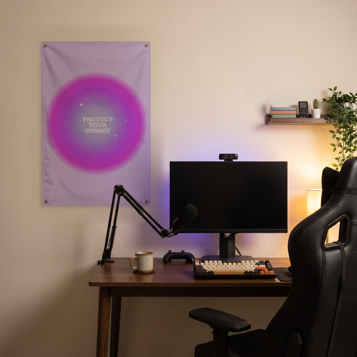 Protect Your Energy Glow Wall Flag in the streaming nook room mockup.