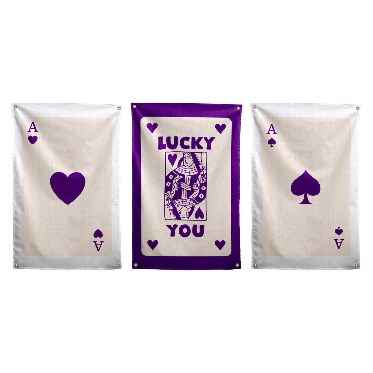 Purple set of three Wall Rebel wall flags: Ace of Hearts, Lucky You in the centre, and Ace of Spades.