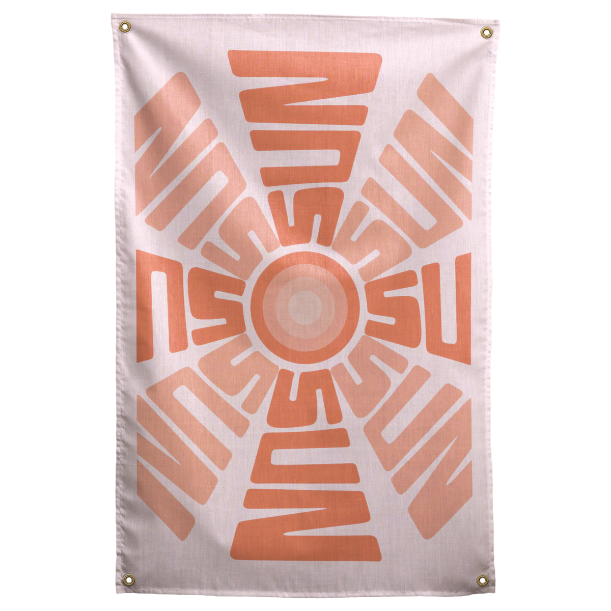 Orange letter-like forms radiate around a circular centre against pink on this warm graphic Wall Rebel fabric wall flag.