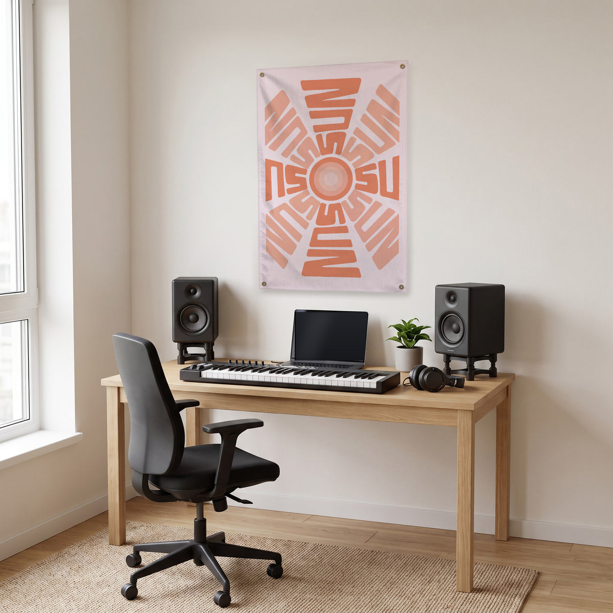 Radial Sun Lettering Wall Flag in the studio room mockup.