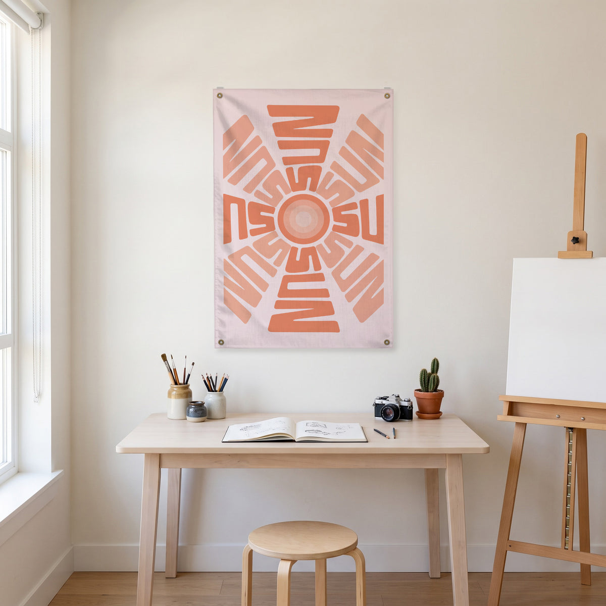 Radial Sun Lettering Wall Flag in the art corner room mockup.