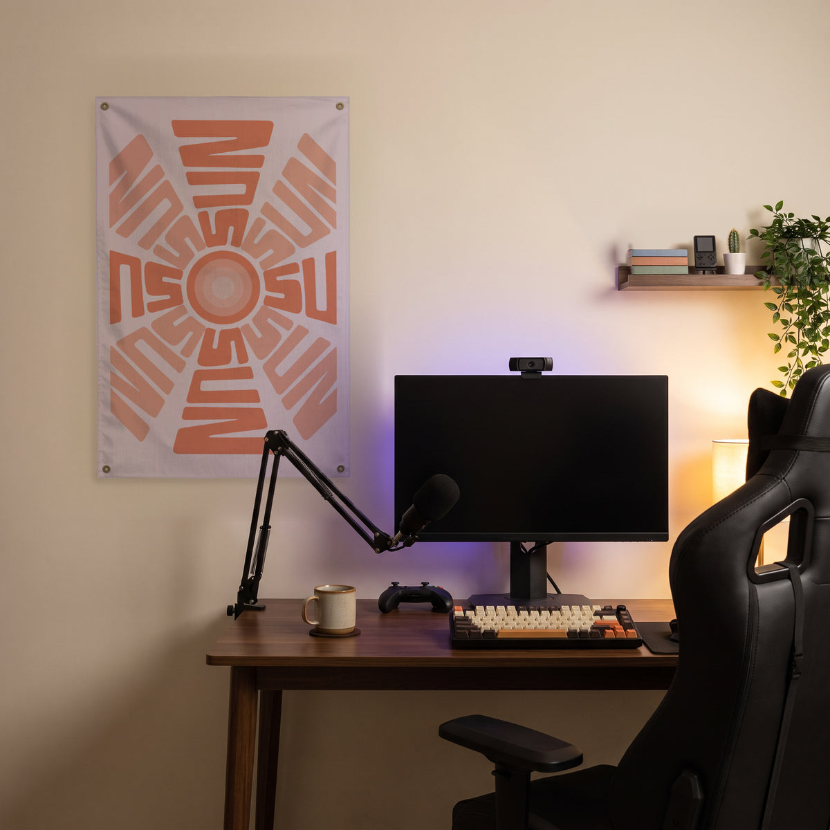 Radial Sun Lettering Wall Flag in the streaming nook room mockup.