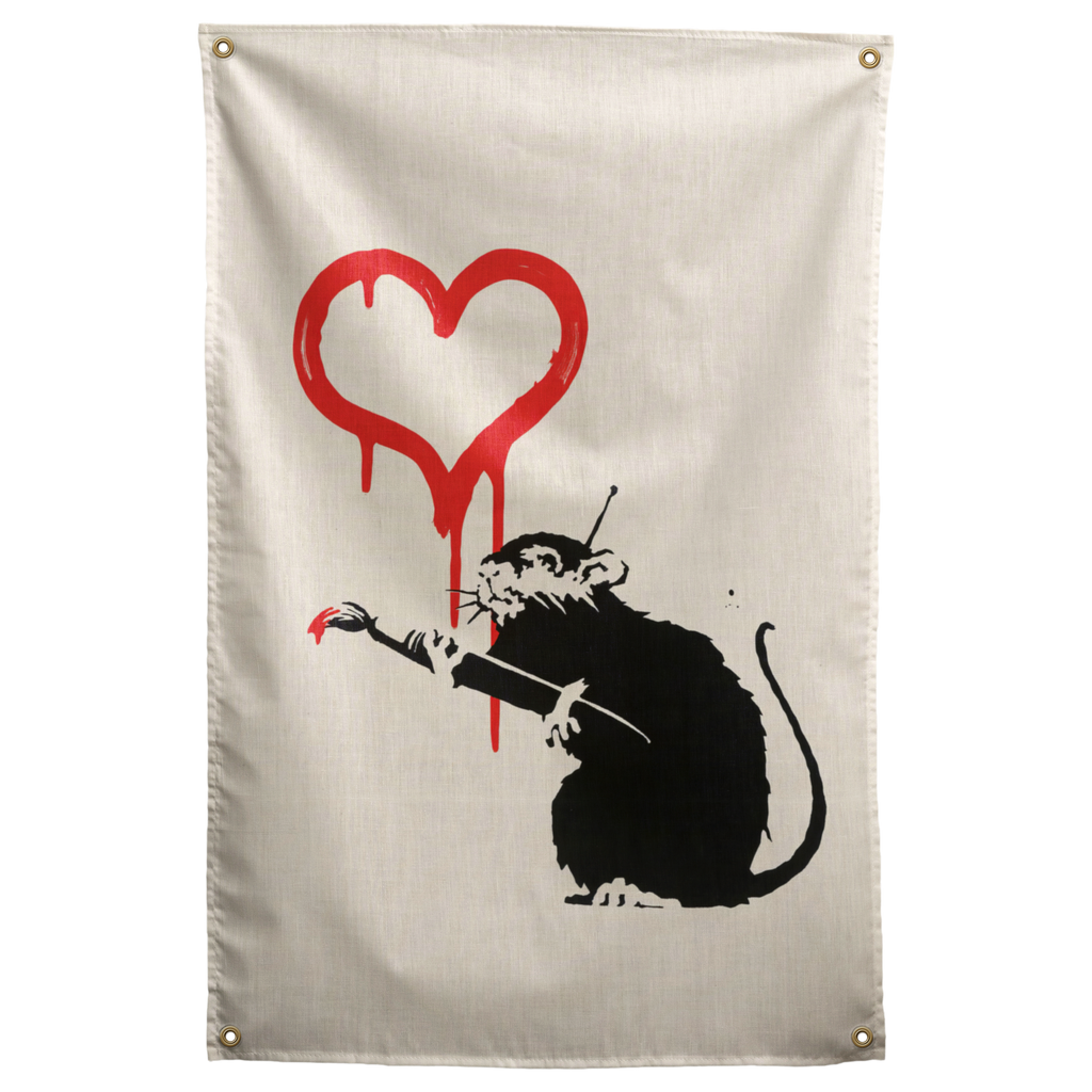 A black stencil-style rat reaches towards a dripping red heart on cream in this graphic Wall Rebel fabric wall flag.