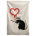 A black stencil-style rat reaches towards a dripping red heart on cream in this graphic Wall Rebel fabric wall flag.