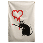 A black stencil-style rat reaches towards a dripping red heart on cream in this graphic Wall Rebel fabric wall flag.