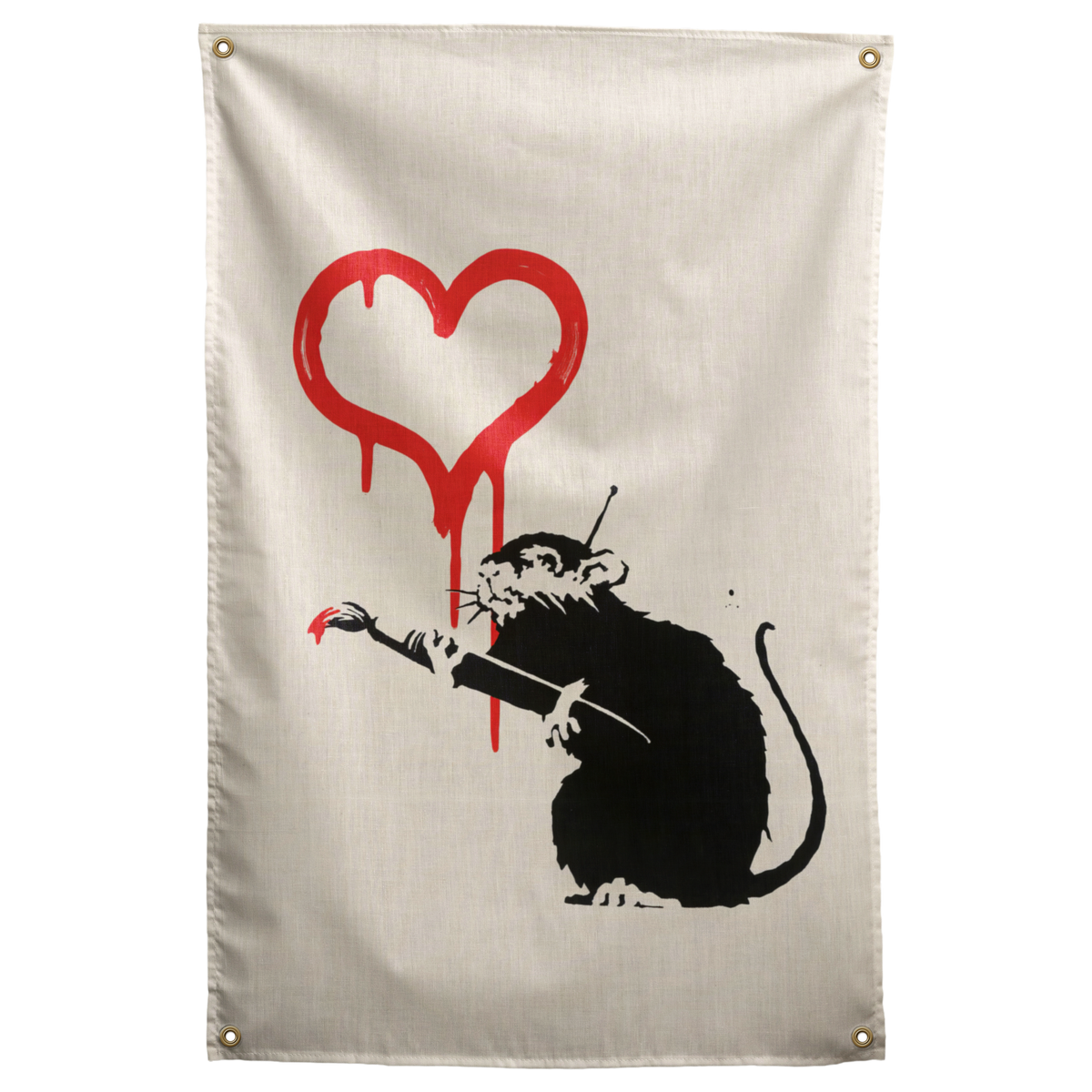A black stencil-style rat reaches towards a dripping red heart on cream in this graphic Wall Rebel fabric wall flag.