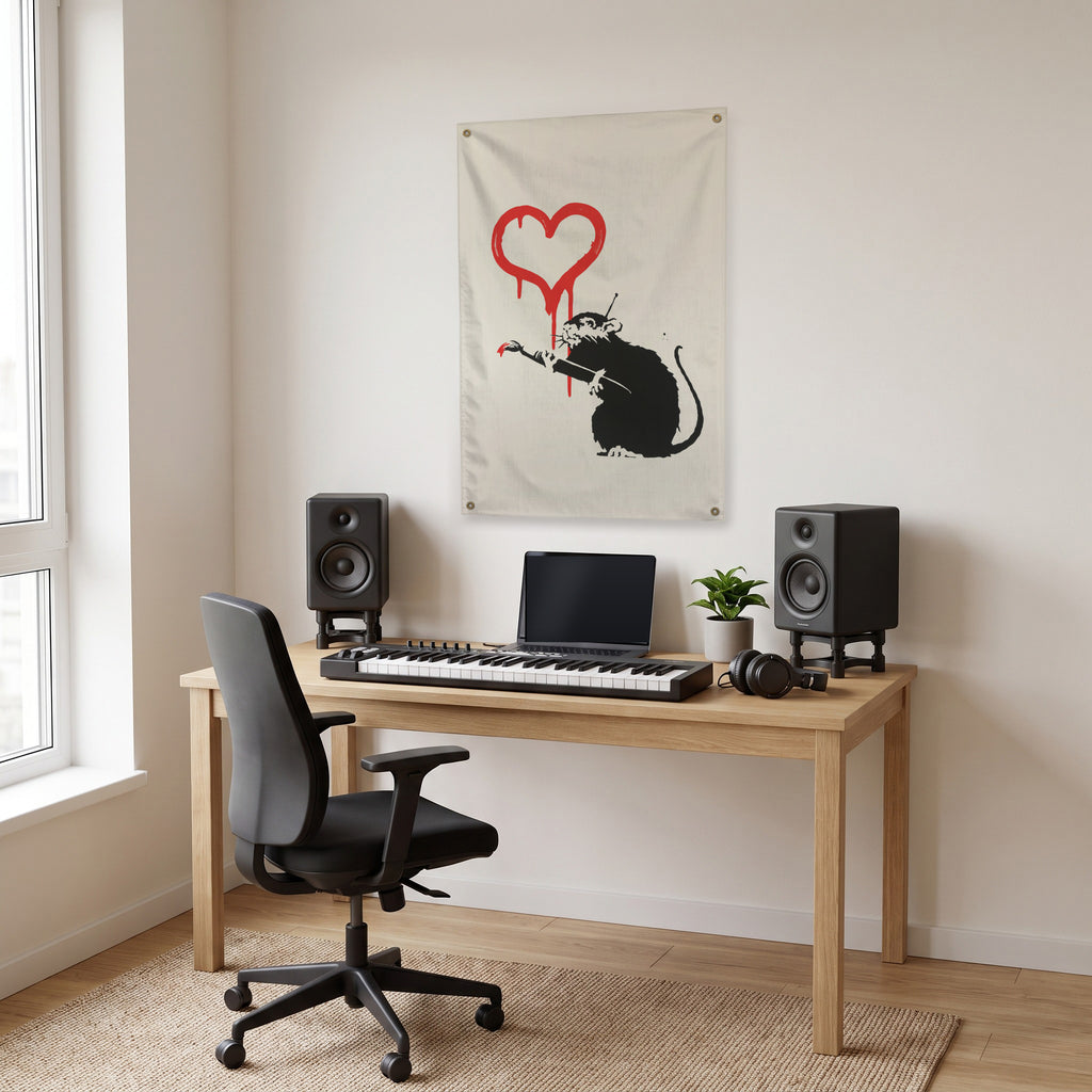 Rat with a Heart Wall Flag in the studio room mockup.