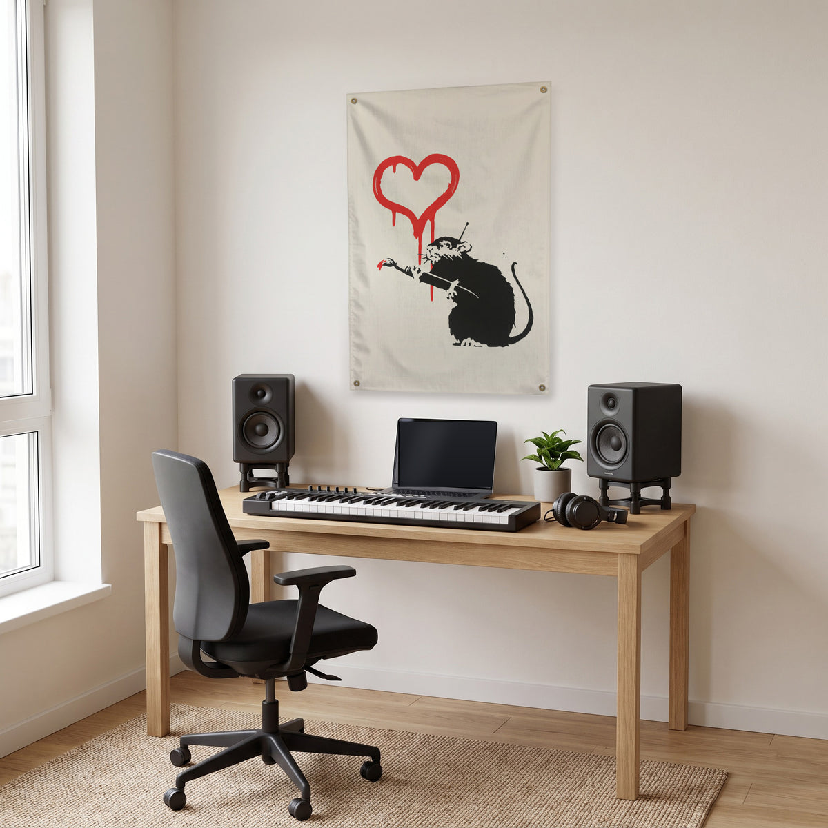 Rat with a Heart Wall Flag in the studio room mockup.