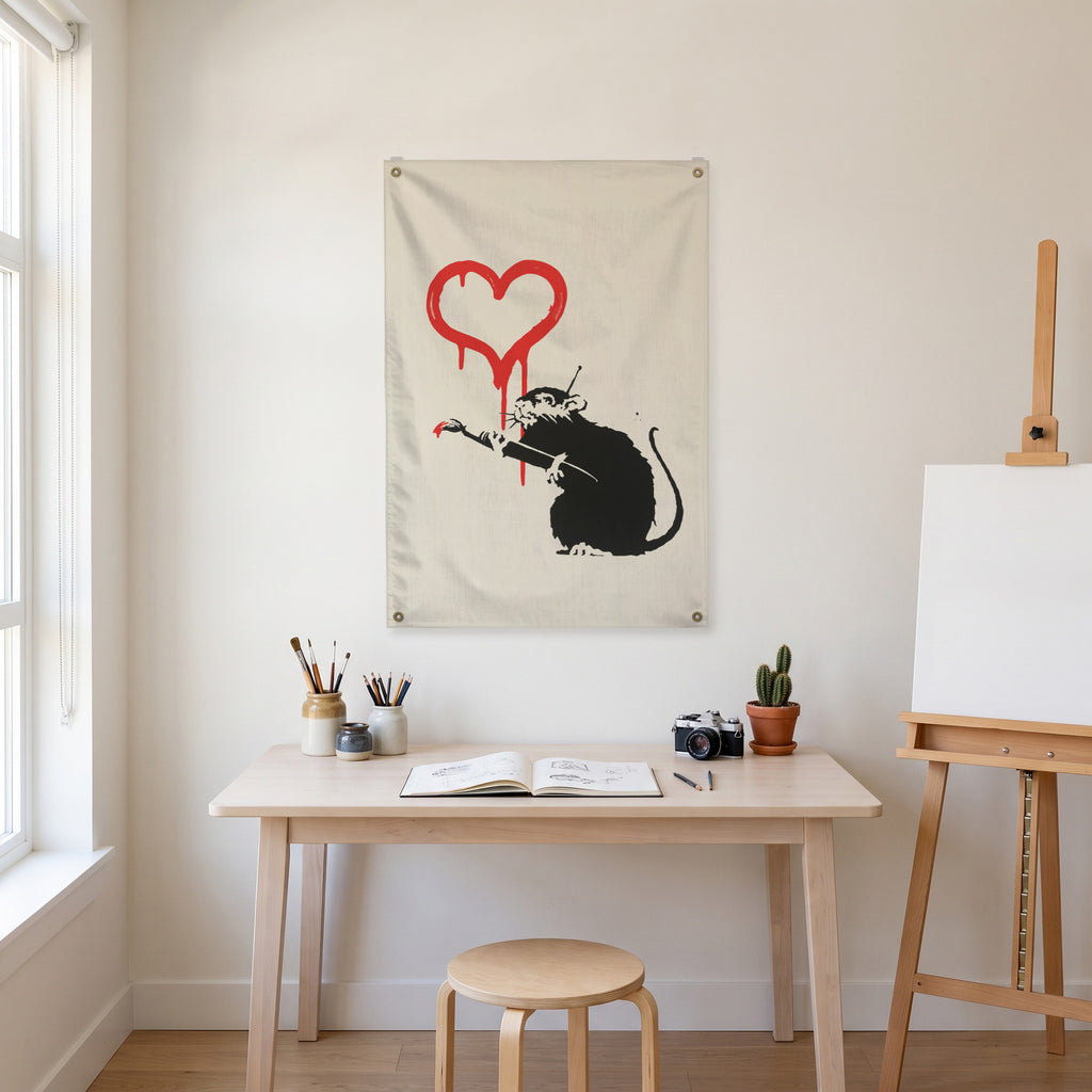 Rat with a Heart Wall Flag in the art corner room mockup.