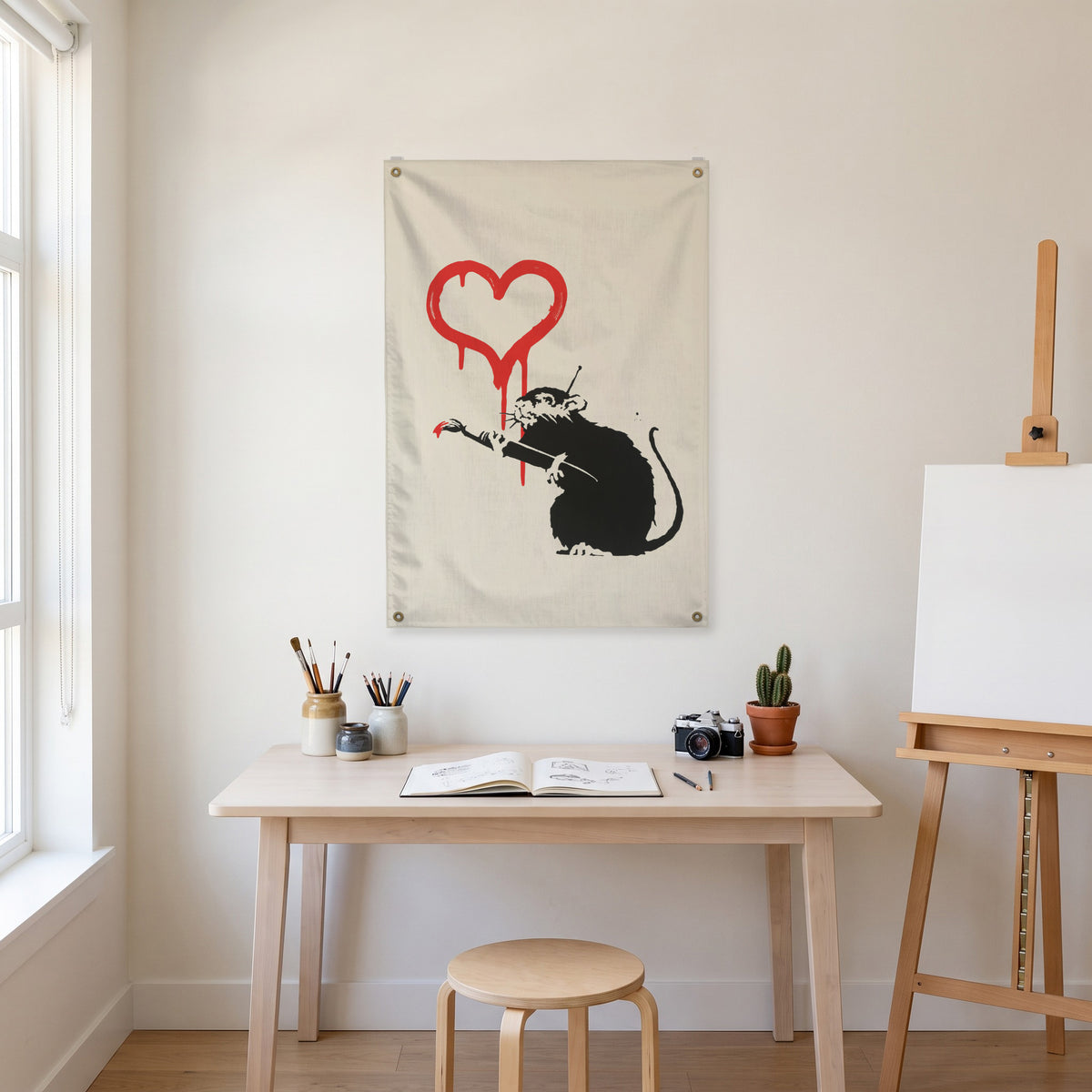 Rat with a Heart Wall Flag in the art corner room mockup.