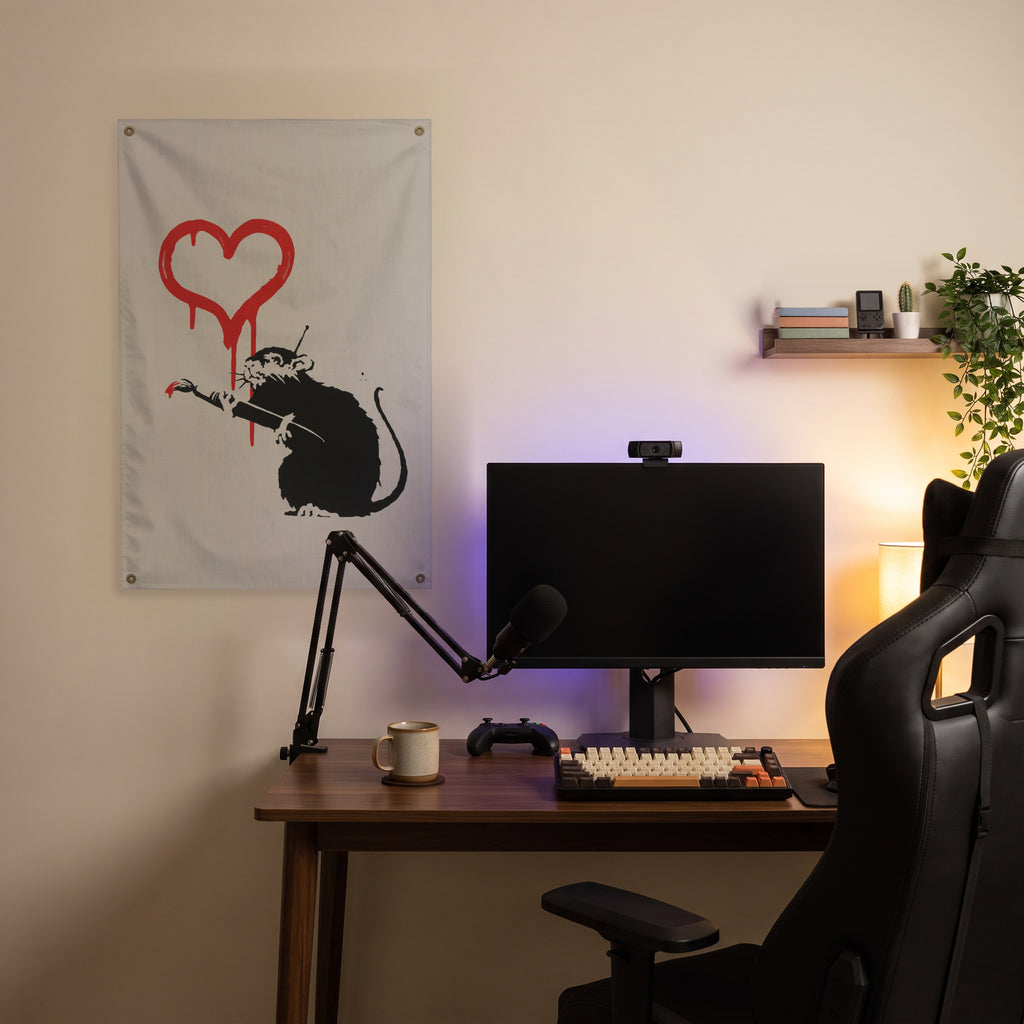 Rat with a Heart Wall Flag in the streaming nook room mockup.