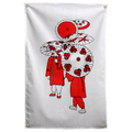 Red-coated figures stand under patterned red-and-white paper parasols against a pale background on a Wall Rebel fabric wall flag.