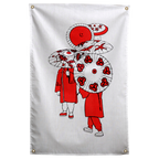 Red-coated figures stand under patterned red-and-white paper parasols against a pale background on a Wall Rebel fabric wall flag.