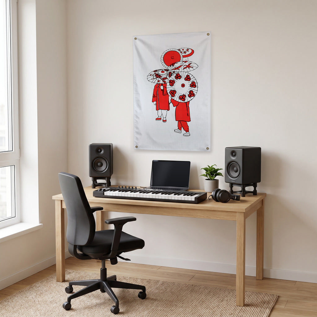 Red-Coated Parasol Figures Wall Flag in the studio room mockup.