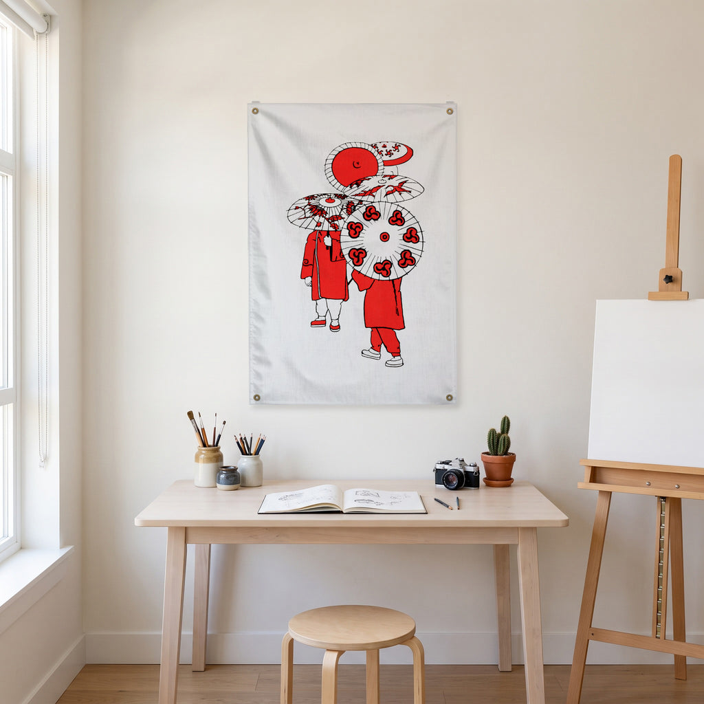 Red-Coated Parasol Figures Wall Flag in the art corner room mockup.