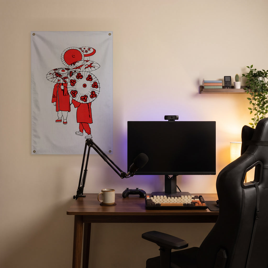 Red-Coated Parasol Figures Wall Flag in the streaming nook room mockup.
