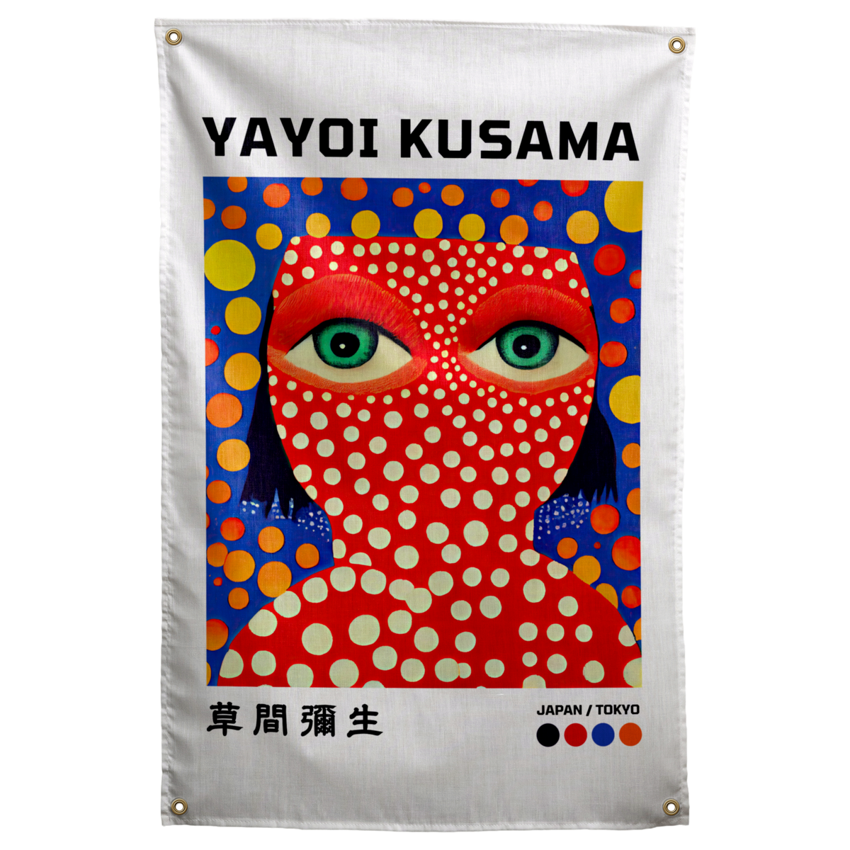A red dotted face with green eyes sits beneath bold printed lettering on a bright patterned Wall Rebel fabric wall flag.