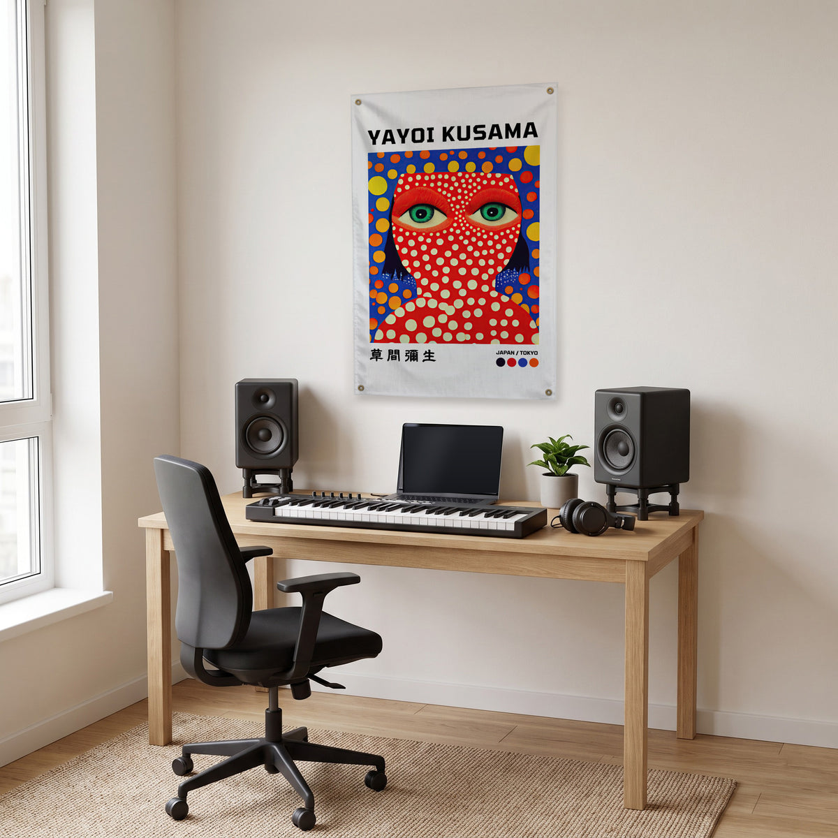 Red Dotted Face Poster Wall Flag in the studio room mockup.