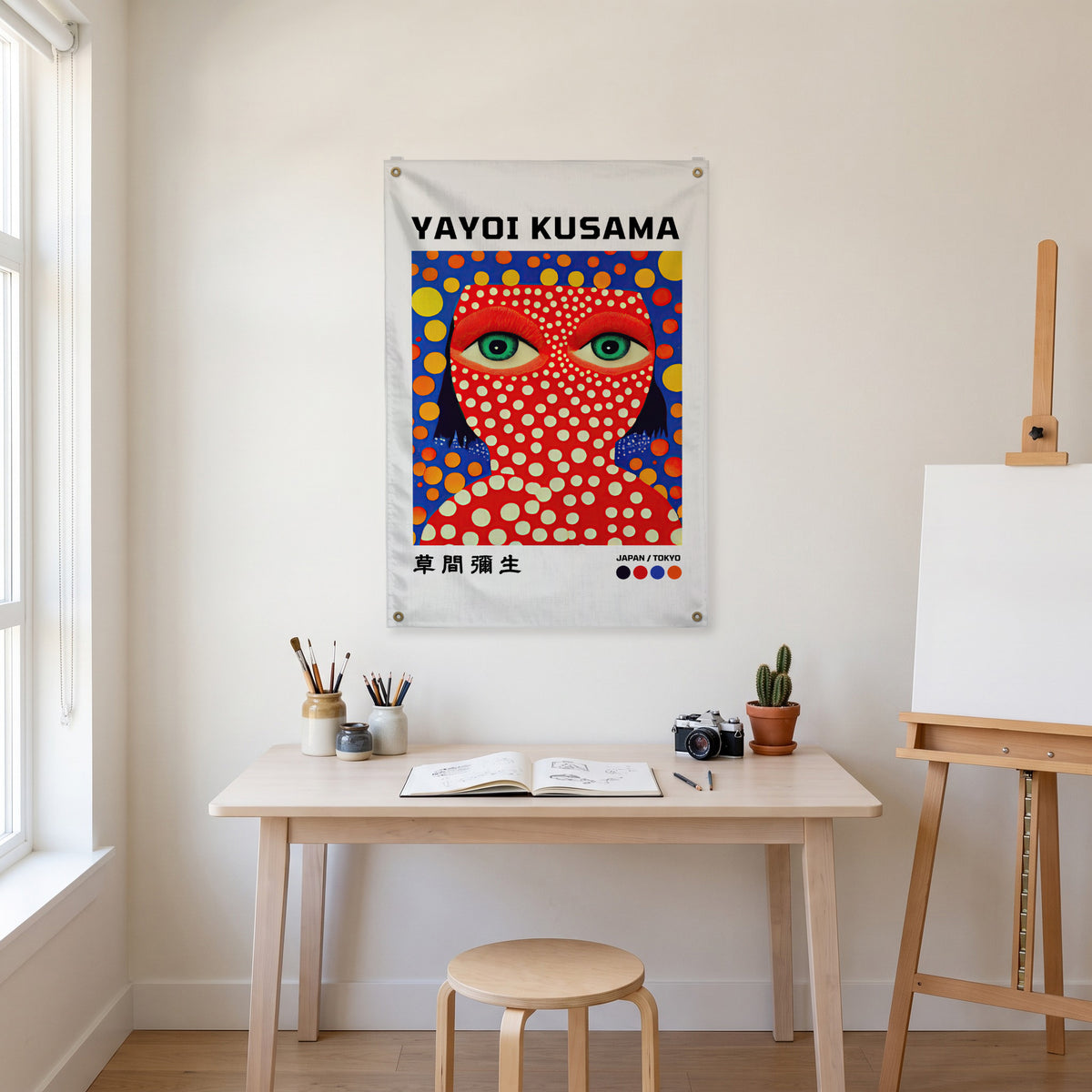 Red Dotted Face Poster Wall Flag in the art corner room mockup.