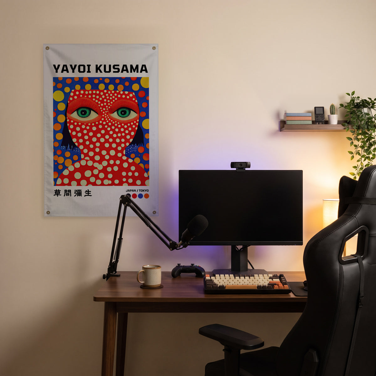 Red Dotted Face Poster Wall Flag in the streaming nook room mockup.