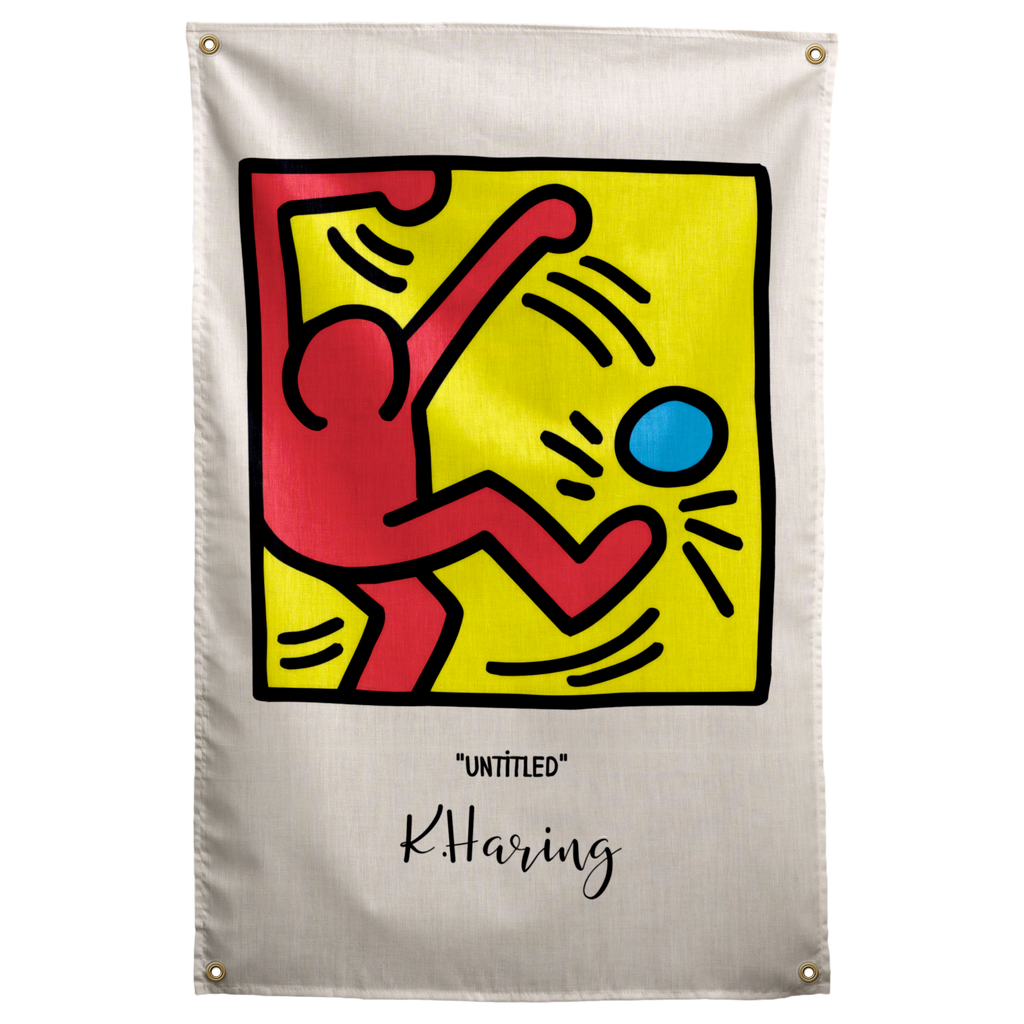 A red outlined figure kicks towards a blue ball inside a yellow square filled with black motion marks on a Wall Rebel fabric wall flag.