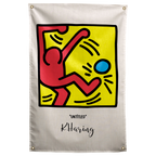 A red outlined figure kicks towards a blue ball inside a yellow square filled with black motion marks on a Wall Rebel fabric wall flag.