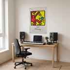Red Figure Kicking a Blue Ball Wall Flag in the studio room mockup.