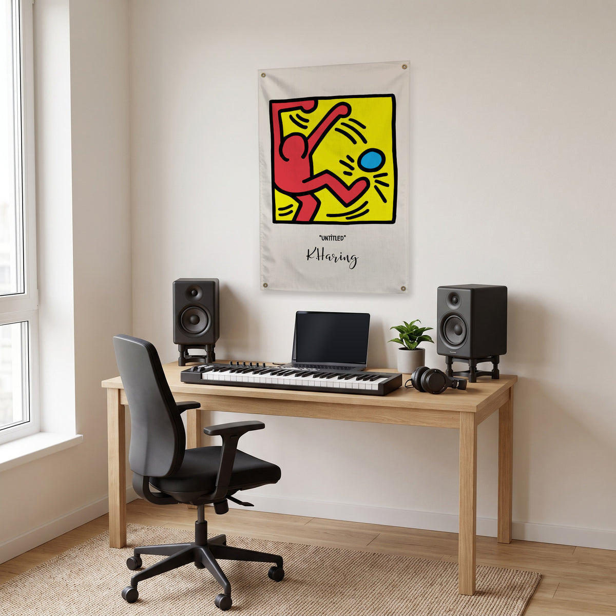 Red Figure Kicking a Blue Ball Wall Flag in the studio room mockup.