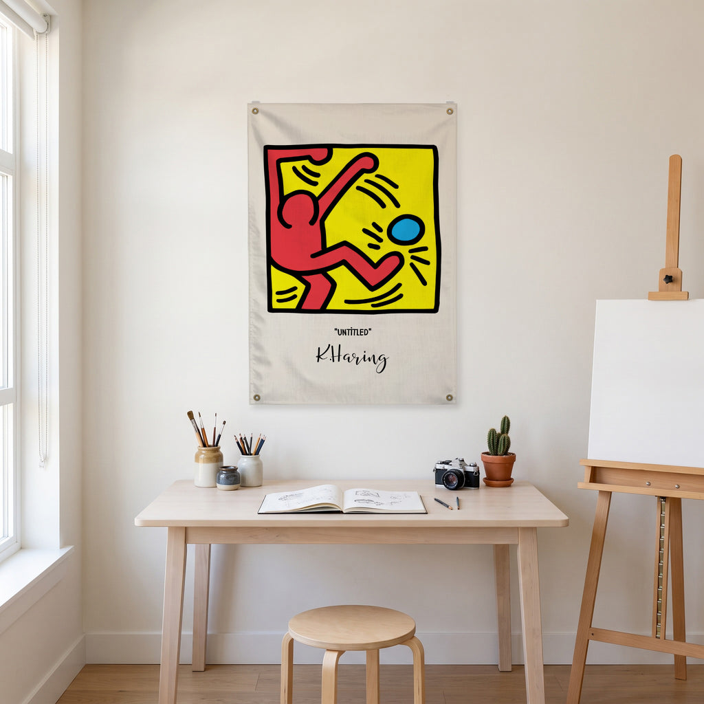 Red Figure Kicking a Blue Ball Wall Flag in the art corner room mockup.