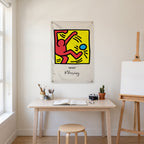 Red Figure Kicking a Blue Ball Wall Flag in the art corner room mockup.