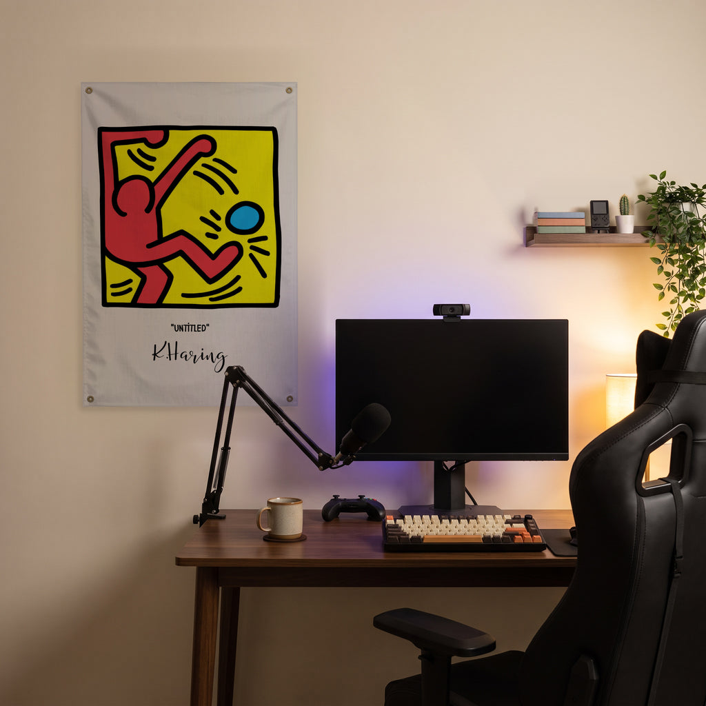 Red Figure Kicking a Blue Ball Wall Flag in the streaming nook room mockup.