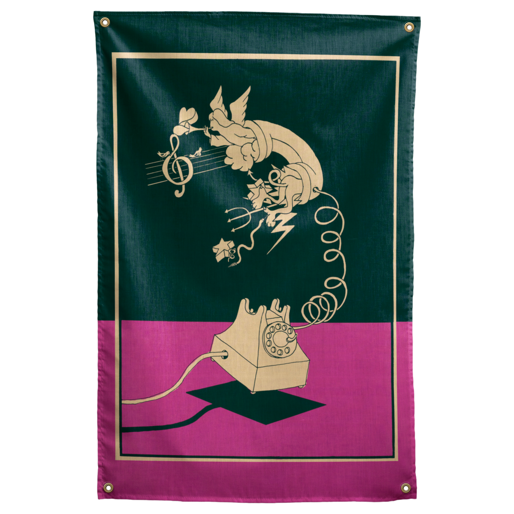 A cream rotary phone, curling cord and musical flourish sit above a pink tabletop on this dark green Wall Rebel fabric wall flag.
