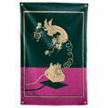 A cream rotary phone, curling cord and musical flourish sit above a pink tabletop on this dark green Wall Rebel fabric wall flag.