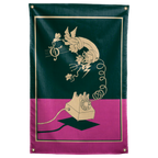 A cream rotary phone, curling cord and musical flourish sit above a pink tabletop on this dark green Wall Rebel fabric wall flag.