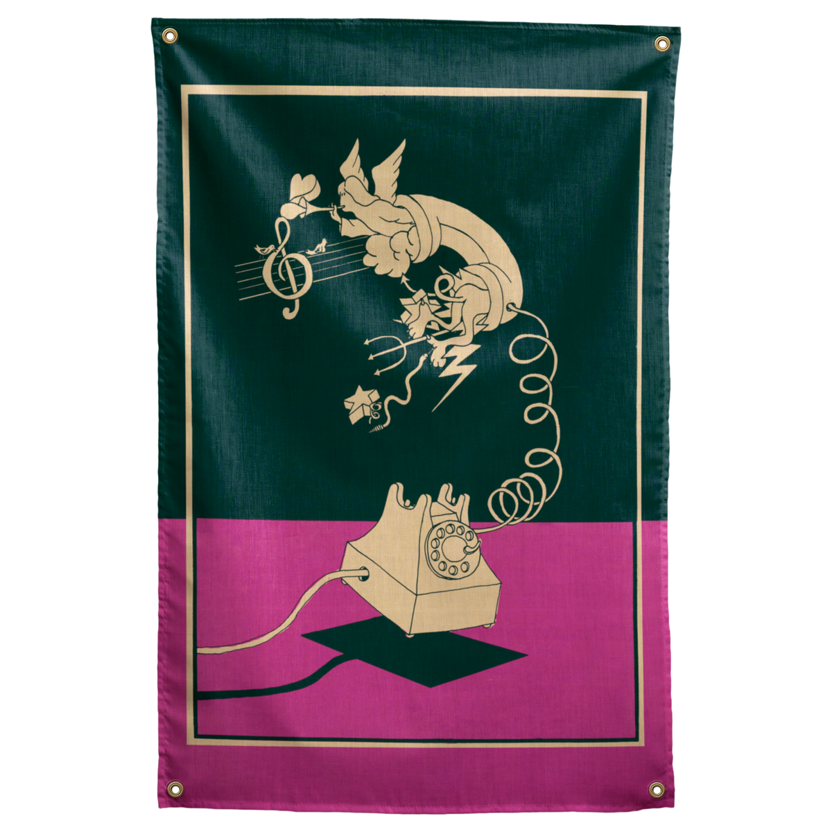 A cream rotary phone, curling cord and musical flourish sit above a pink tabletop on this dark green Wall Rebel fabric wall flag.
