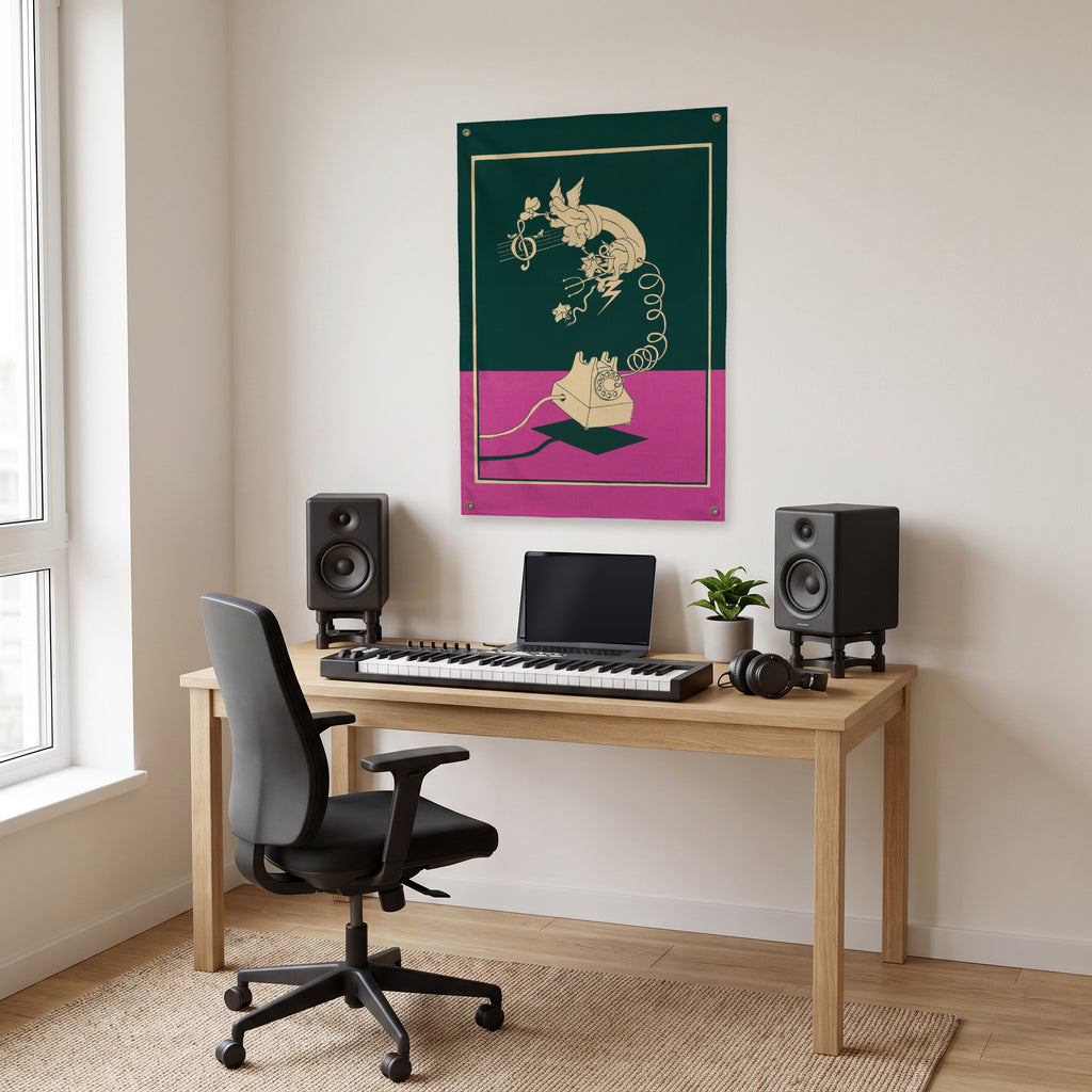 Rotary Telephone with Musical Flourish Wall Flag in the studio room mockup.